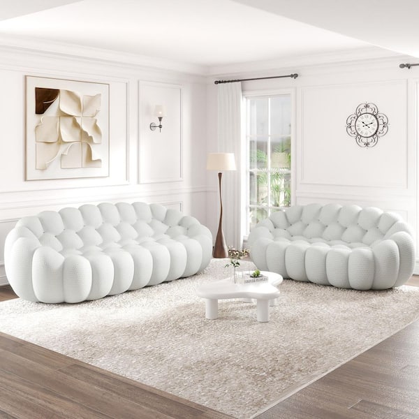 Modern (2-Piece) Gray Mesh Fabric Living Room Set Curved Bubble Couch Floor Sofa Set, No Assembly Required