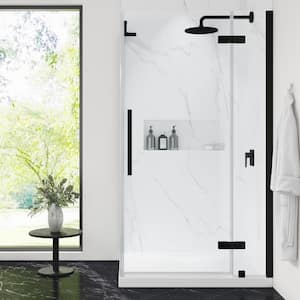 Tampa 38 in. L x 32 in. W x 75 in. H Corner Shower Kit with Pivot Frameless Shower Door in Black and Shower Pan