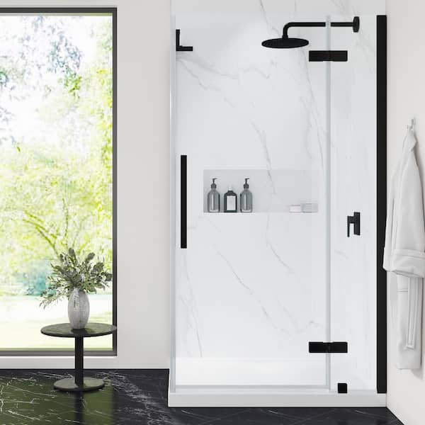 OVE Decors Tampa 38 in. L x 32 in. W x 75 in. H Corner Shower Kit with Pivot Frameless Shower Door in Black and Shower Pan