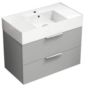 Derin 31.89 in. W x 17.32 in. D x 25.2 H Single Sink Wall Mounted Bathroom Vanity in Grey mist with White Ceramic Top
