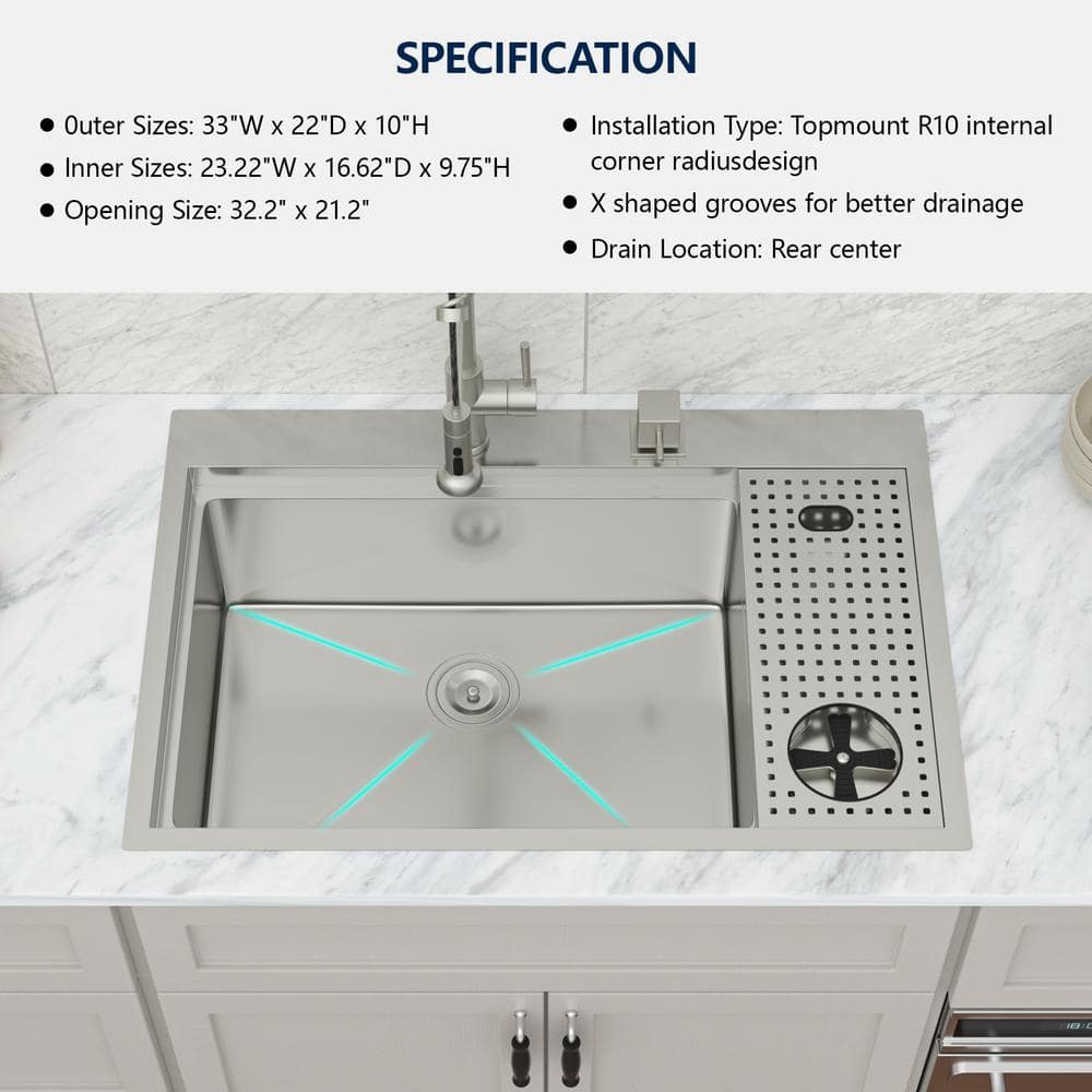 33 Inch Brushed Stainless Steel Drop-In Workstation Sink