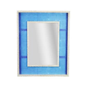 23 in. x 29 in. Blue Linear Print Distressed White Raised Lip Double Framed Accent Mirror