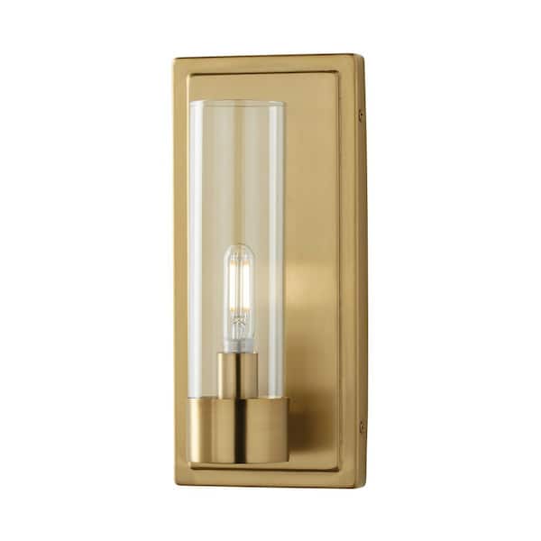 Closmere 5 in. 1-Light Brushed Gold Mid-Century Modern Wall Sconce with Clear Glass Shade