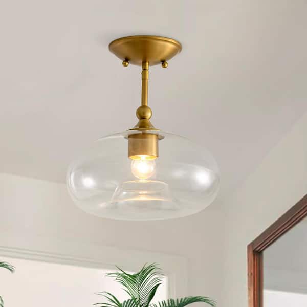 Y'INSP 10.63 in. 1-Light Brushed Gold Modern Semi-Flush Mount Ceiling Light Mid Century Vintage Pendant with Clear Glass Shade