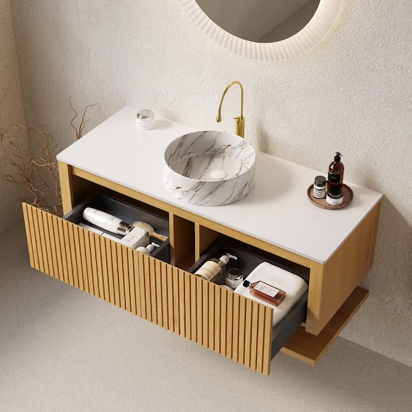 48 in. Single Sink Wall Mounted Oak Bath Vanity with White Sintered Stone Top, Storage Cabinet and Open Shelf Assembled