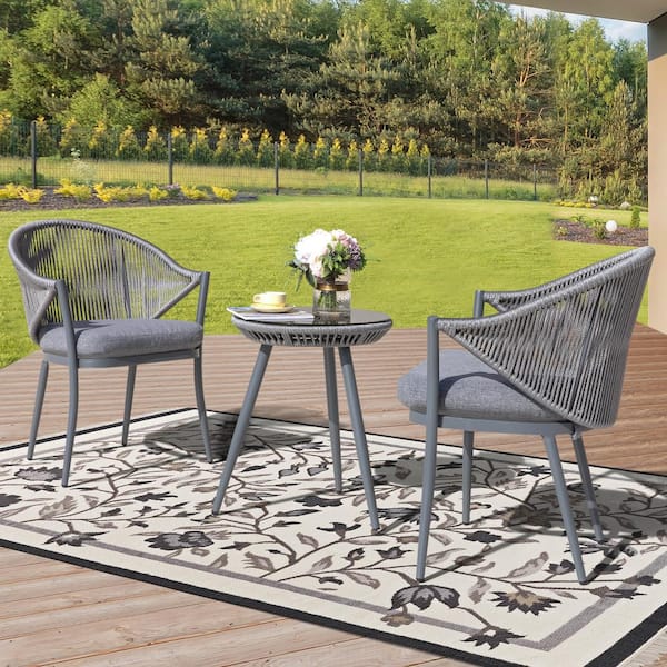 Afoxsos Dark Gray Woven-belt Rope Wicker Hand-make Outdoor Dining Chair Set  with Gray Cushion and Table HDMX385 - The Home Depot