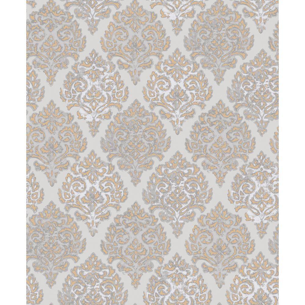 Lustre Collection Rose Gold/Grey Embossed Modern Damask Metallic Finish Pap