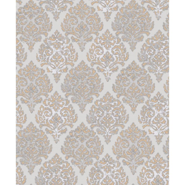 Unbranded Lustre Collection Rose Gold/Grey Embossed Modern Damask Metallic Finish Paper on Non-woven Non-pasted Wallpaper Roll