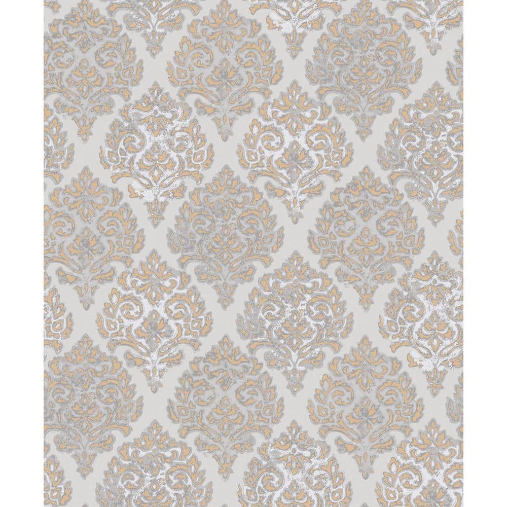 Lustre Collection Rose Gold/Grey Embossed Modern Damask Metallic Finish Pap