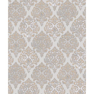 Lustre Collection Rose Gold/Grey Embossed Modern Damask Metallic Finish Paper on Non-woven Non-pasted Wallpaper Sample
