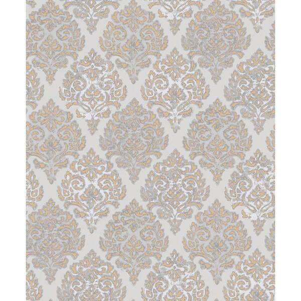 Unbranded Lustre Collection Rose Gold/Grey Embossed Modern Damask Metallic Finish Paper on Non-woven Non-pasted Wallpaper Sample