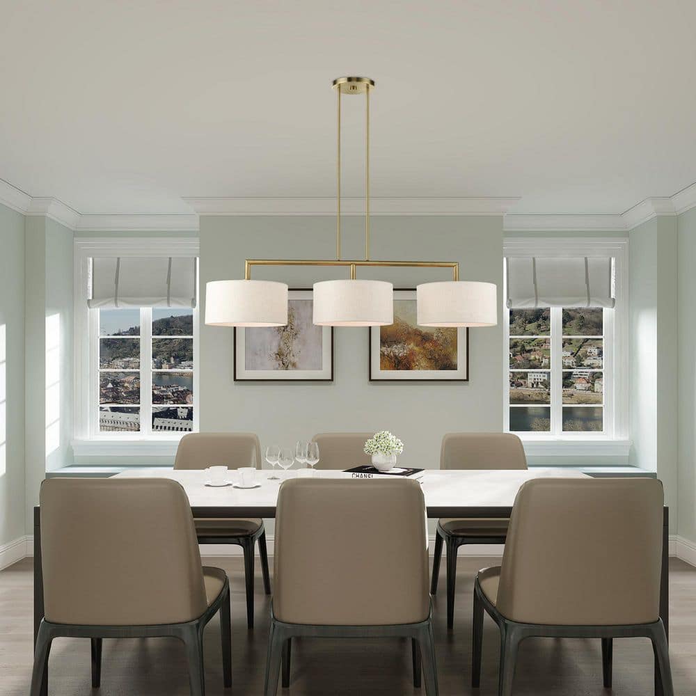 Meridian Antique Brass 3-Light Linear Chandelier with Oatmeal Shades