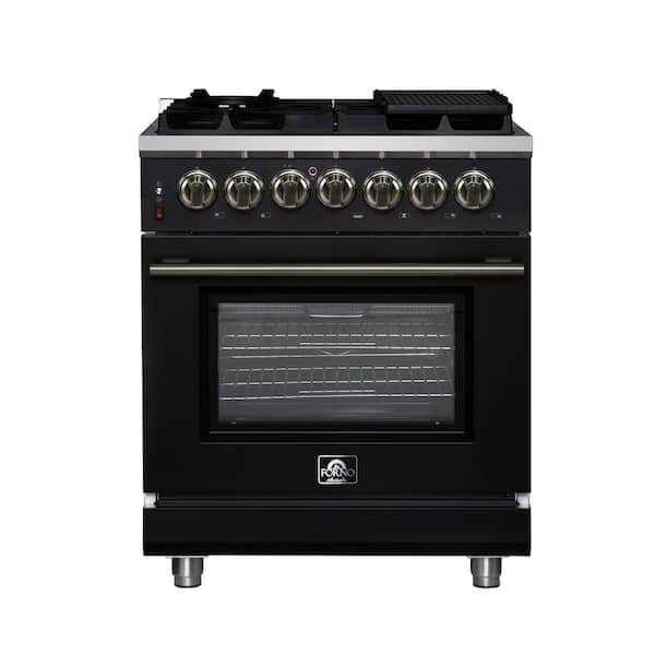 Massimo 30 Inch Freestanding Dual Fuel Range in Black with Antique Brass Accessories, 4.32 cu. ft. Convection Oven