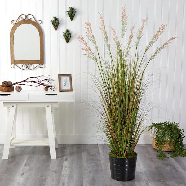Nearly Natural 6 ft. Grass Artificial Plant in Black Tin Planter