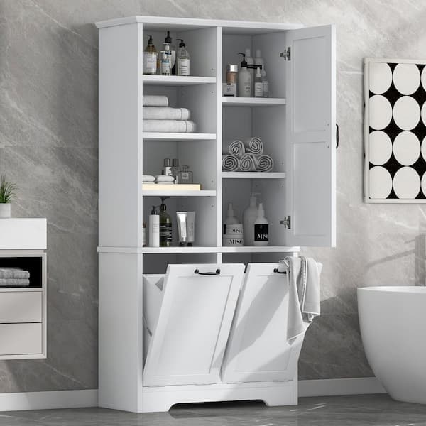 Polibi White 68.00 in. Accent Cabinet with Tilt-Out Laundry Hamper, Drawer and Adjustable Shelves
