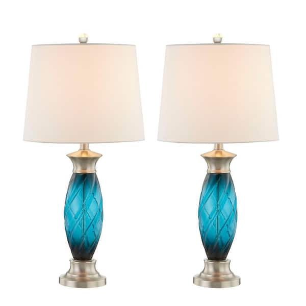 Maxax Richmond 27 in. Blue/Nickel Table Lamp Set With White Shade (Set of 2)