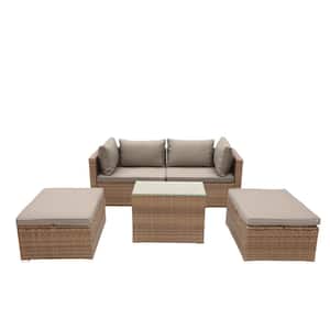 5-Piece Wicker PE Rattan Patio Conversation Sectional Set Garden Seating Furniture, Gray Cushions
