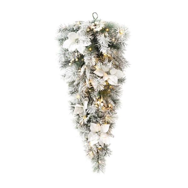 3 ft. L PreLit Flocked Greenery Pine White Poinsettia and Berries Christmas Teardrop with 50 Warm White Lights and Timer