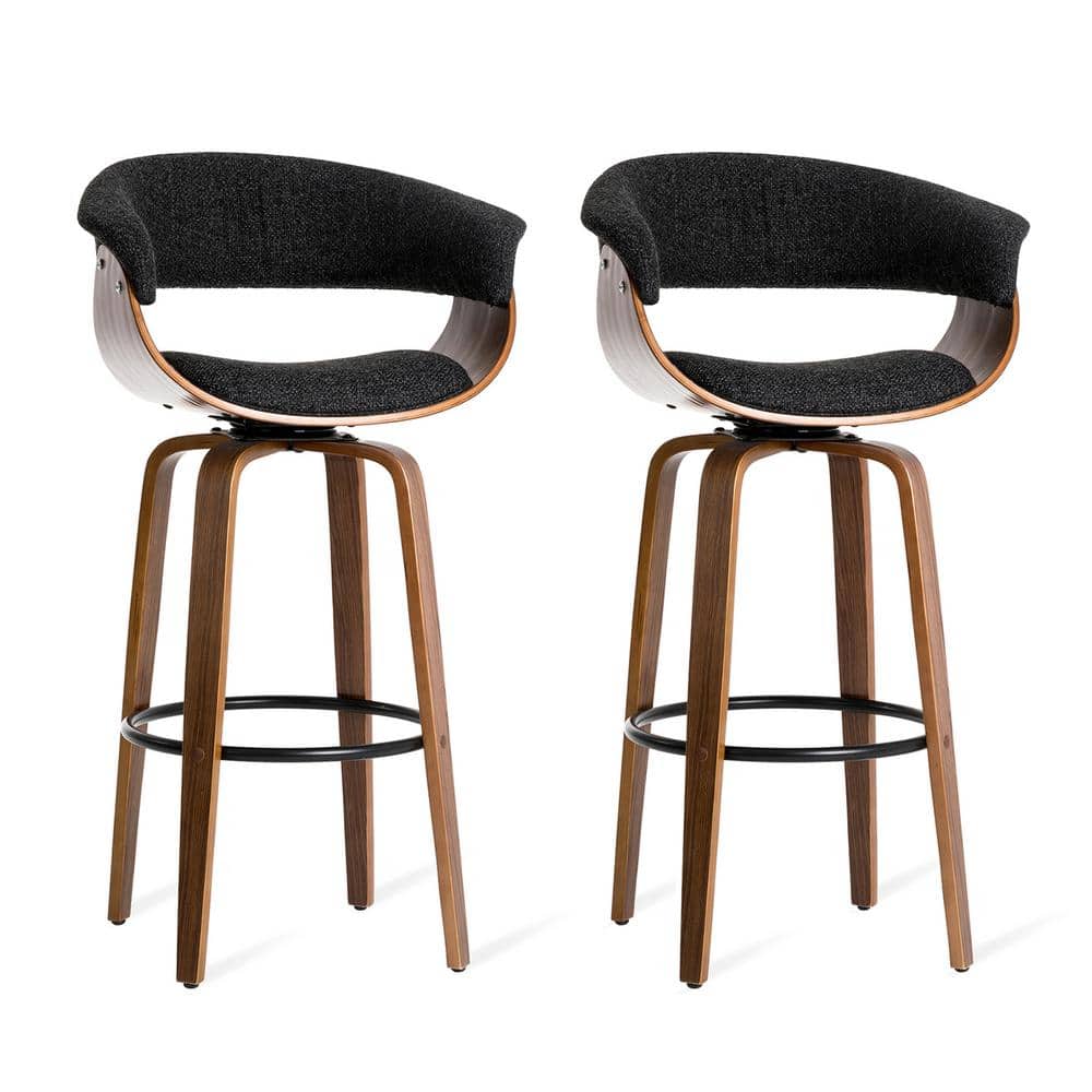 Mid-Century Modern Dark Blue Fabric Walnut Swivel Barstools, Set of 2