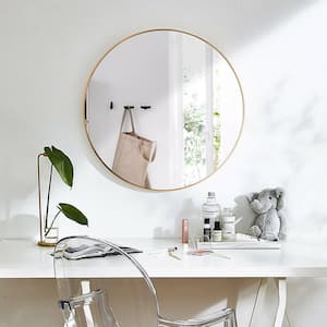 27.5 in. W x 27.5 in. H Small Large Round Metal Framed Wall-Mounted Bathroom Vanity Mirror in Gold