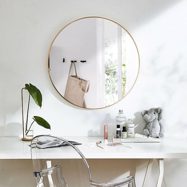 27.5 in. W x 27.5 in. H Small Large Round Metal Framed Wall-Mounted Bathroom Vanity Mirror in Gold