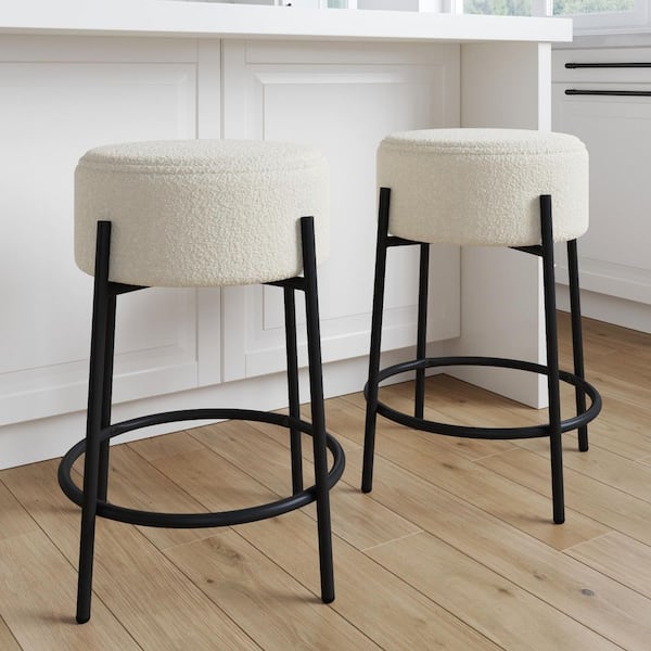 Isaac 24 in. Boucle White Backless Metal Counter Stool with Boucle Upholstered Seat Cushion and Metal Frame, Set of 2