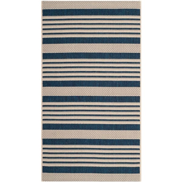 Courtyard Navy/Beige Doormat 2 ft. x 4 ft. Striped Indoor/Outdoor Patio Area Rug