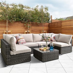 Maire Gray 7-Piece Wicker Outdoor Patio Conversation Sofa Seating Set with Beige Cushions