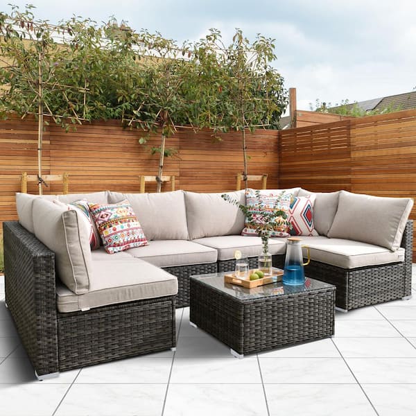 Toject Maire Gray 7-Piece Wicker Outdoor Patio Conversation Sofa Seating Set with Beige Cushions