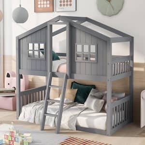 Gray Twin Over Twin House Bunk Bed With Ladder, Wood Bed
