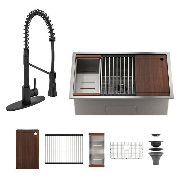 36 in. Undermount Single Bowl 18-Gauge Brushed Stainless Steel Kitchen Sink with Infrared Sensor Faucet and Accessories