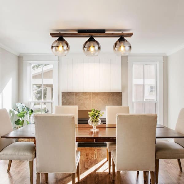 Wendy 31.5 in. 3-Light Modern Vintage Wood/Black Semi-Flush Mount Light with Gradient Gray Glass Globe Shade