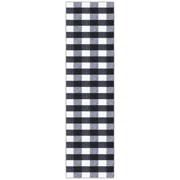 Homeline Non-Slip Rubberback 8 ft. x 20 ft. Checkered Buffalo Plaid Indoor Runner Rug, Grayscale (7 ft. 10 in. x 19 ft.)