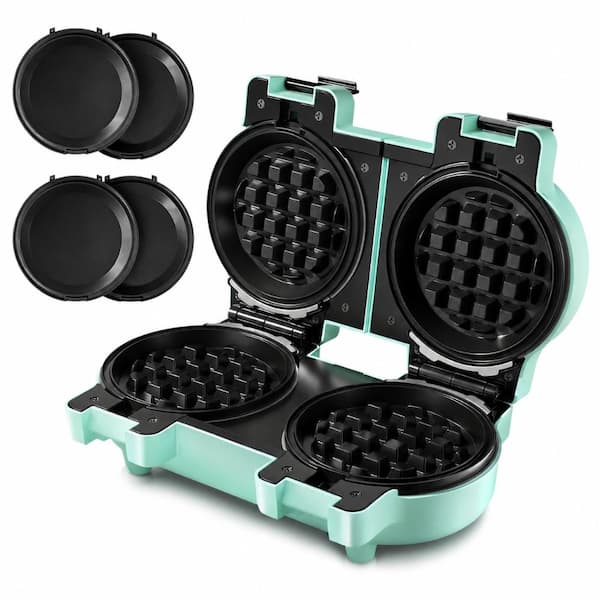 2-in-1 Double Mini Waffle and Pancake Maker with 4 Removable Nonstick Plates for Small Spaces