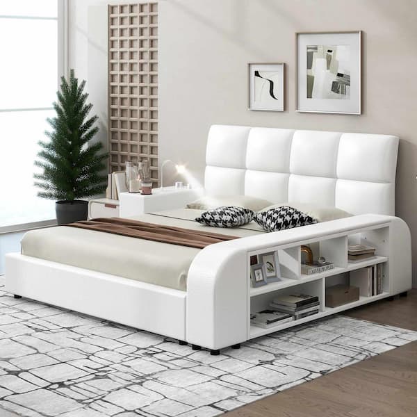 Polibi White Wood Frame Queen Platform Bed with Multimedia Nightstand and Storage Shelves