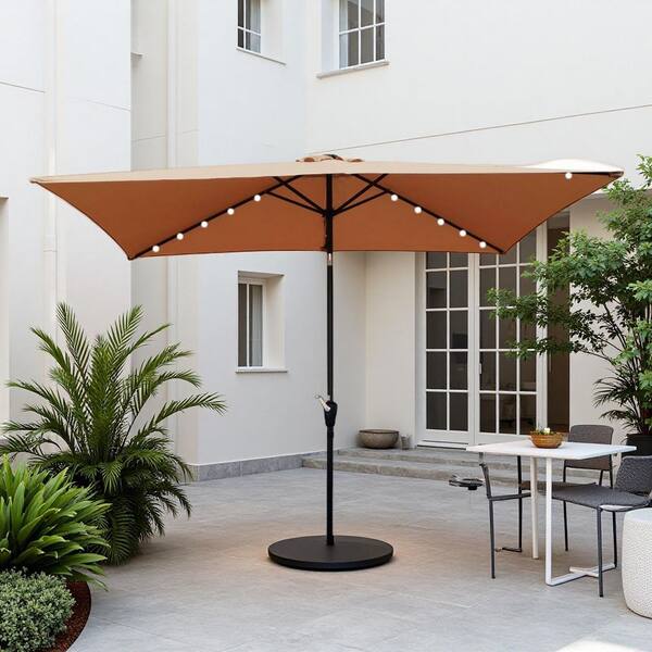 10 ft. x 6.5 ft. Rectangular Aluminum Market Solar LED Lights Push Button Tilt Patio Umbrella in Brown