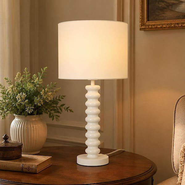 21.7 in. White Mid-Century Modern Lantern Table Lamp for Living Room with Artistic Linen Shade