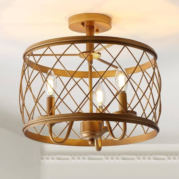 JONATHAN Y Eleanor 15 in. 3-Light Antiqued Gold Metal LED Semi Flush Mount Ceiling Light