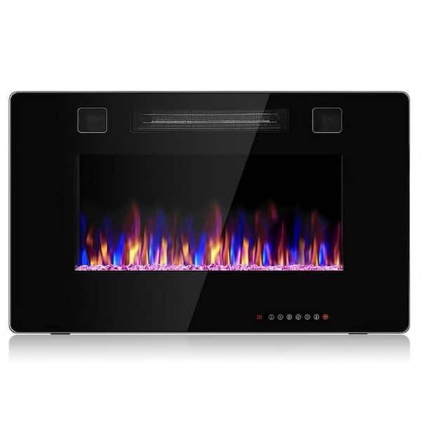 30 in. Wall Mount / Recessed Ultra Thin Electric Fireplace Heater in Black with Remote and Glass Appearance