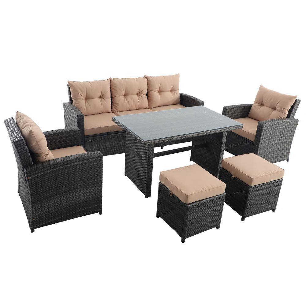 SUNVIVI 6-Piece Wicker Patio Conversation Set, Sofa, Dining Table with ...