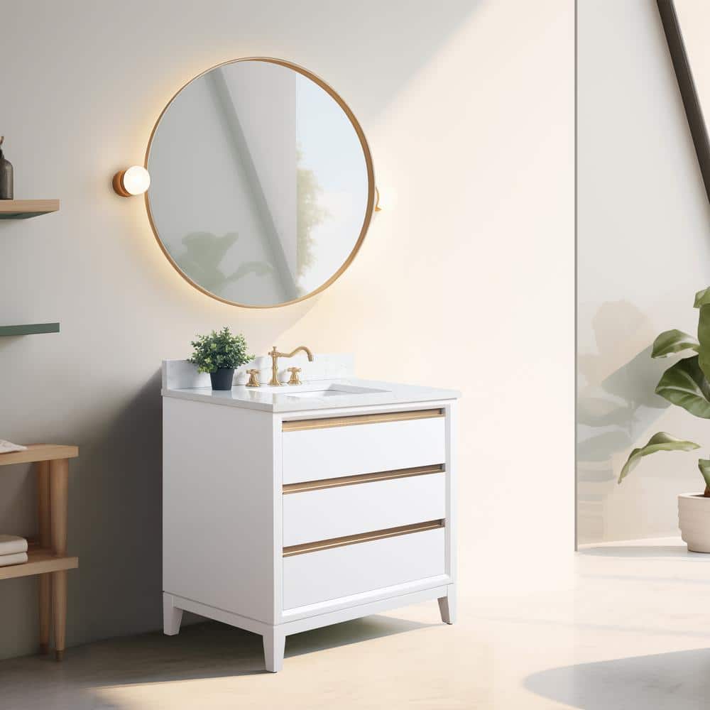 White and Gold 36" Freestanding Bathroom Vanity with Engineered Marble Top