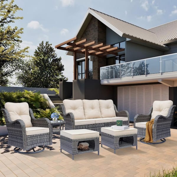 Xingzjojor Gray 6-Piece Wicker Outdoor Patio Conversation Seating Sofa Set Beige Cushions with Swivel Rocking Chairs and Ottoman