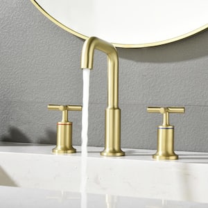 Brass 8 in. Widespread Double Handle Bathroom Faucet with Water Supply Hoses and Quick Connected Hose in Brushed Gold