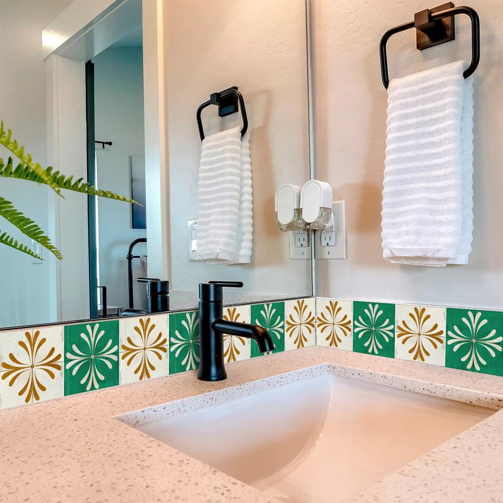 8x8-inch Antiquewhite Green Gold Vinyl Peel and Stick Tile Stickers