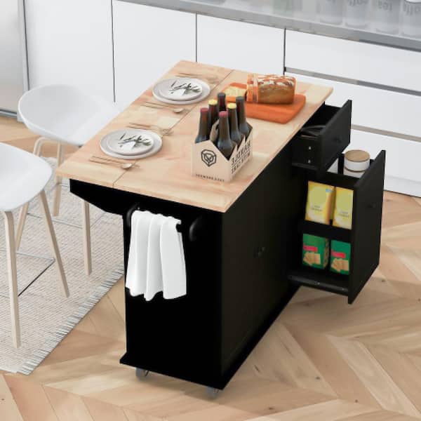 Unbranded Black European Rubber Wood 53.9 in. W Foldable Drop Leaf Kitchen Island on Wheels with Spice Rack, Towel Rack