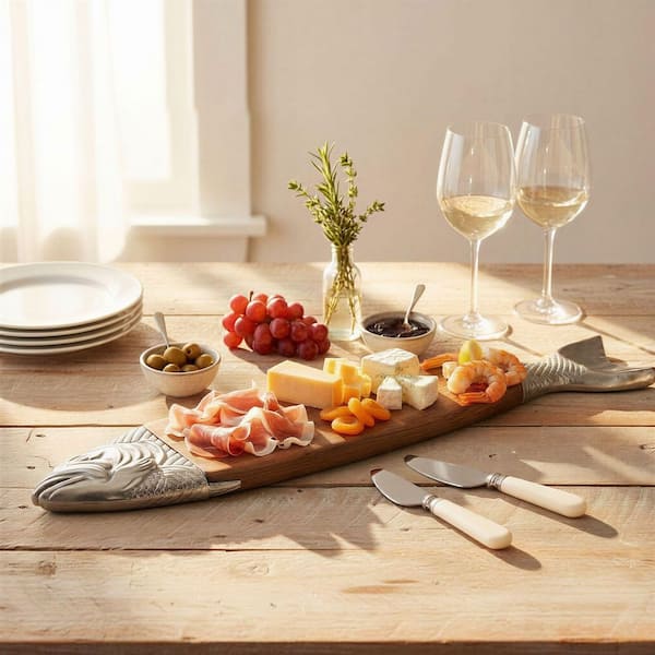 28 in. Natural and Nickel Finish Acacia Wood and Aluminum Fish-Shaped Cheese/Serving Board