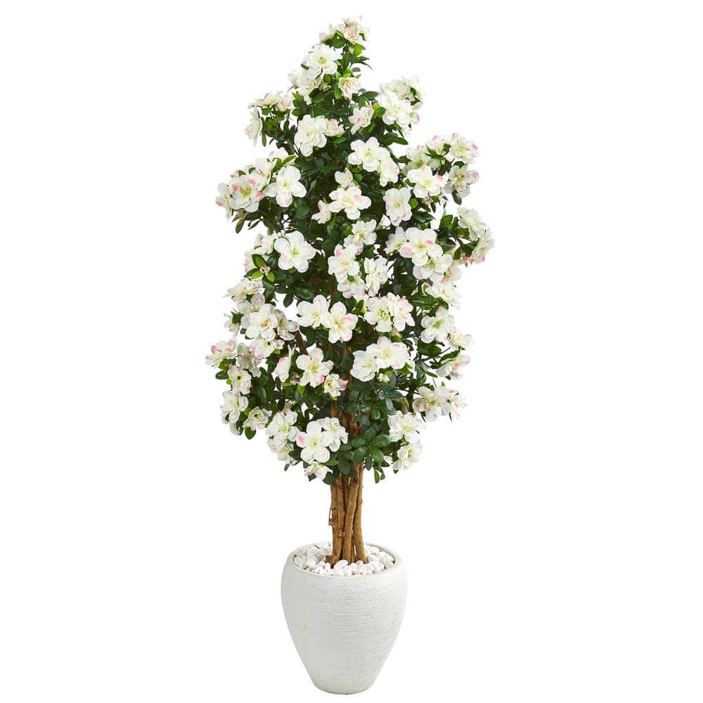 Nearly Natural 5 ft. Azalea Artificial Tree in White Planter 9460