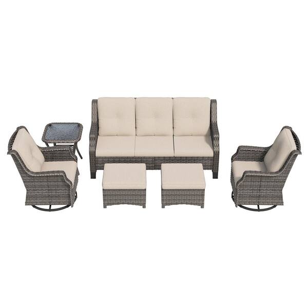 6-Piece Wicker Outdoor Patio Furniture Set Rattan Chair Wicker Set with Beige Cushion
