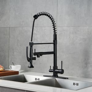 Double-Handles Pull Down Sprayer Kitchen Faucet with Drinking Water for 1 or 3 Hole in Solid Brass in Matte Black