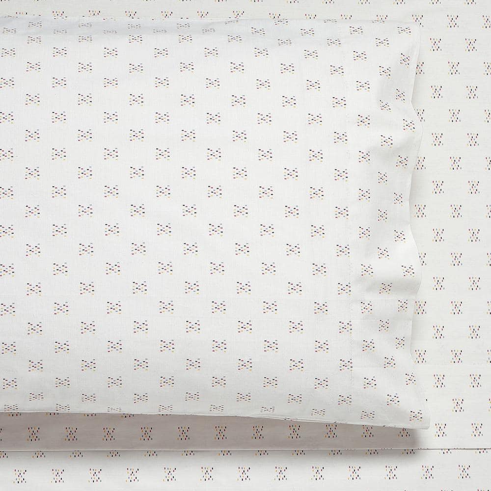 Cream Cotton Percale Twin Sheet Set with Geometric Print